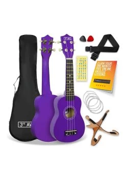 3rd Avenue Soprano Ukulele 21 Inch Beginner Bundle - FREE 1 Month Online Lessons - Purple