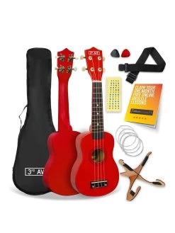 3rd Avenue Soprano Ukulele 21 Inch Beginner Bundle - FREE 1 Month Online Lessons - Red