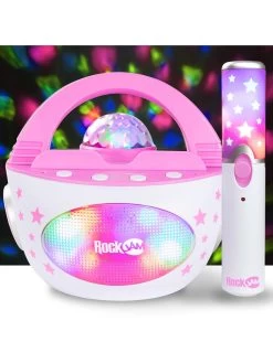 RockJam 10-Watt Rechargeable Bluetooth Karaoke Machine With Wireless Microphone, Voice Changing Effects & LED Lights - Baby Pink