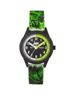 Hype Green Leaf Pattern Silicone Strap Watch With Black Dial